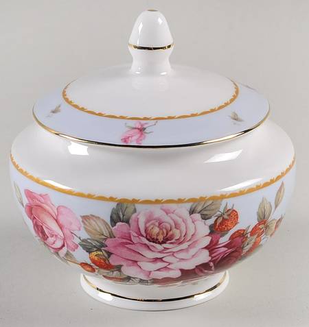Peony and Strawberry Blue Sugar Bowl & Lid
