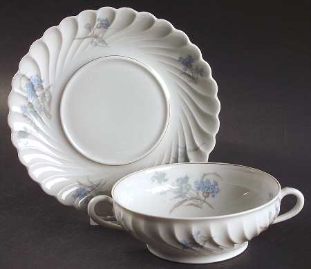 Bergere (Blue Flowers, Gold Verge) Flat Cream Soup Bowl & Saucer Set