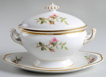 Moss Rose (Thick Gold Trim) Gravy Boat w/Attached Underplate & Lid