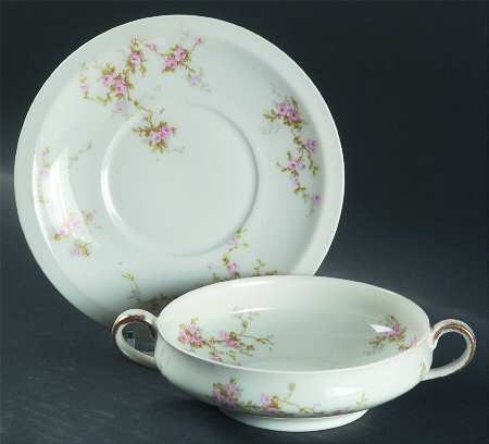 Pink Spray Footed Cream Soup Bowl & Saucer Set