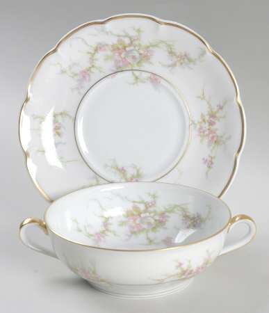 Rosalinde (France, Gold Trim) Flat Cream Soup Bowl & Saucer Set by Haviland