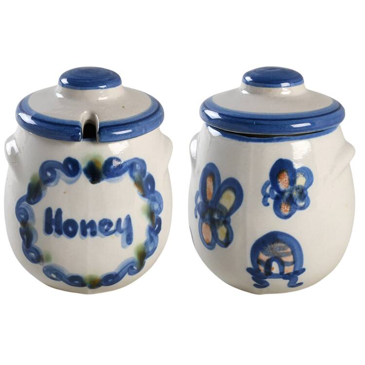 Country Scene Blue Honey Pot with Lid