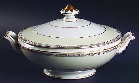 Greek Key Black (Cream Rim, White Center) Round Covered Vegetable