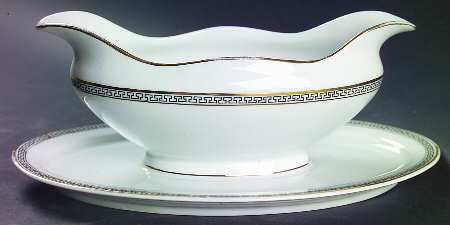Greek Key Black (White Background) Gravy Boat with Attached Underplate