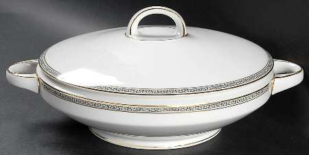 Greek Key Black (White Background) Round Covered Vegetable