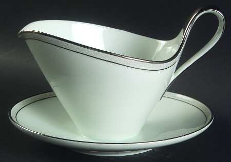 Greek Key Gray (Platinum Trim) Gravy Boat with Attached Underplate