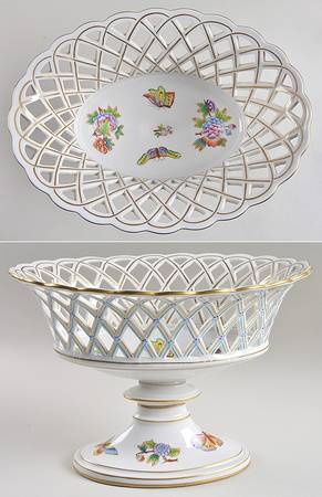 Queen Victoria (Green Border) 11" Oval Openwork Basket w/Pedestal Base by Herend