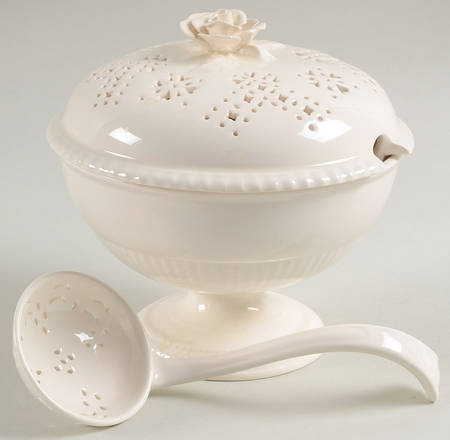 Creamware Pierced Sugar Bowl & Lid w/Ladle
