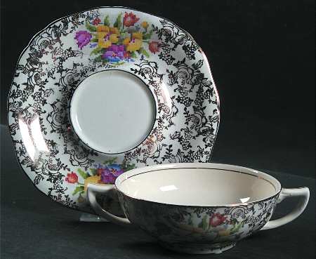 Old English Sampler Flat Cream Soup Bowl & Saucer Set