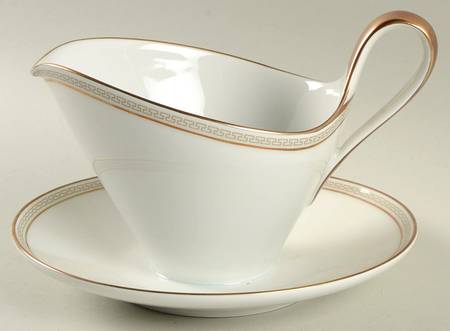 Greek Key Gray (Gold Trim) Gravy Boat with Attached Underplate