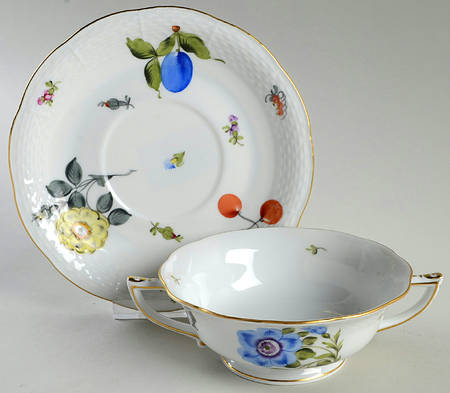 Fruits Necker Footed Cream Soup Bowl & Saucer Set