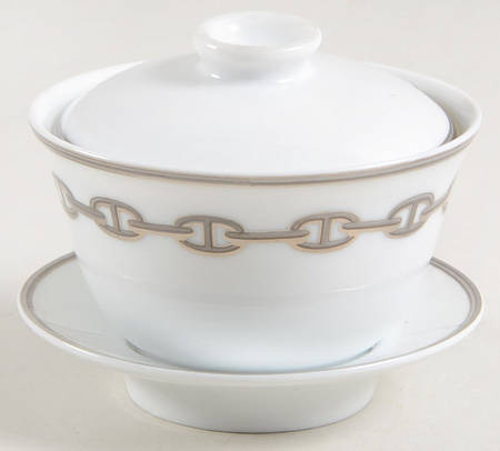 Chaine D'Ancre Gray (Platinum Trim) Asian Flat Cup & Saucer Set with Lid