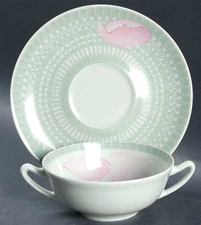 Les Pivoines Green (Celadon) Flat Cream Soup Bowl & Saucer Set