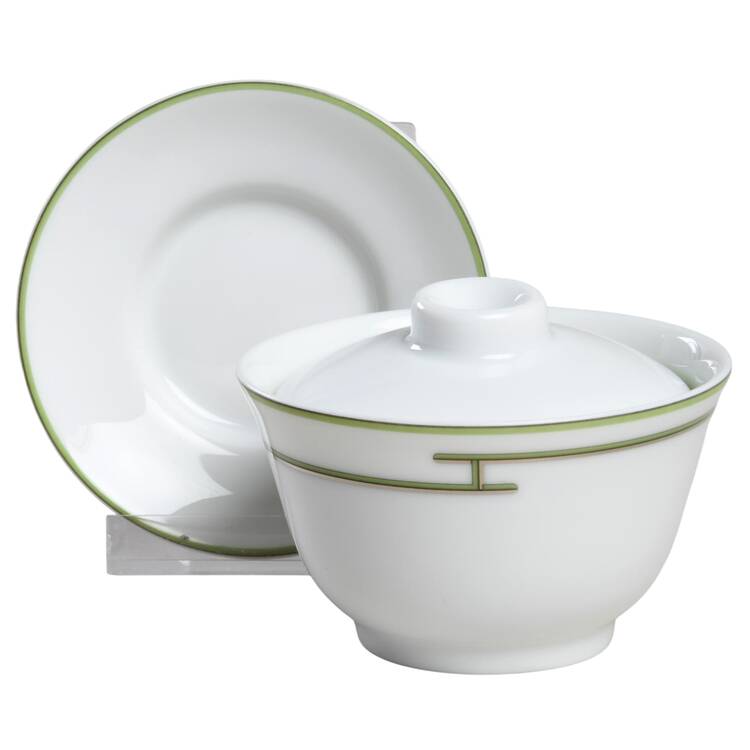 Rythme Green Asian Flat Cup & Saucer Set with Lid