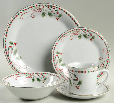 Tartan Ribbon (White Background, Gold Trim) 5 Piece Place Setting