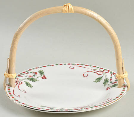 Tartan Ribbon (White Background, Gold Trim) 5 3/8"-5 5/8" Bamboo Handled Serving Plate  HC