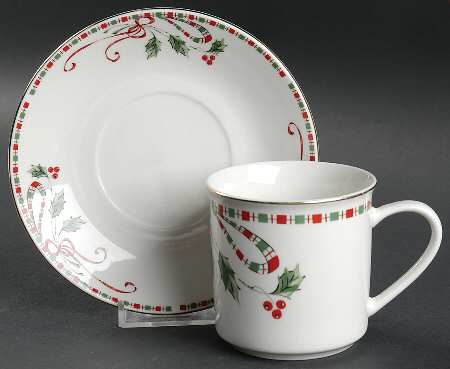 Tartan Ribbon (White Background, Gold Trim) Flat Cup & Saucer Set