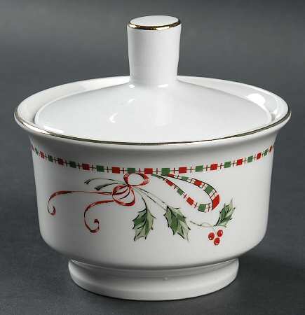 Tartan Ribbon (White Background, Gold Trim) Sugar Bowl & Lid