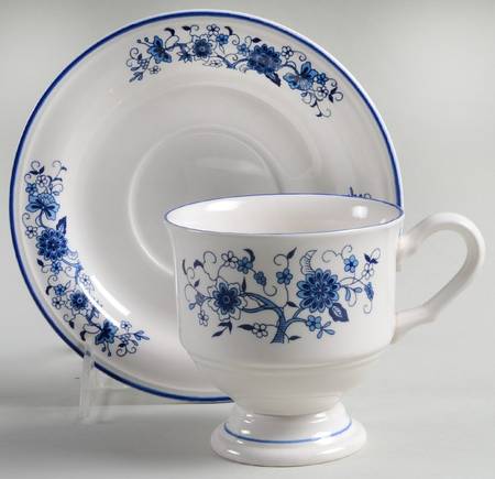 Seine Blue (Smooth, Blue Trim) Footed Cup & Saucer Set