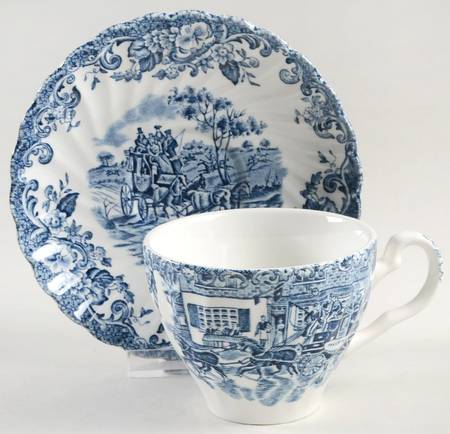 Coaching Scenes Blue Flat Cup & Saucer Set