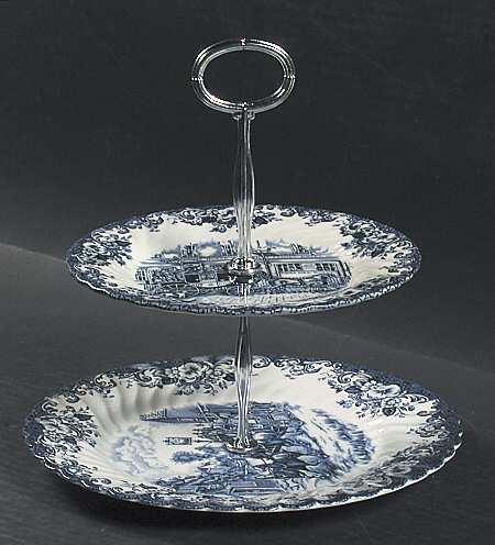 Coaching Scenes Blue 6 5/8"-10"  2 Tiered Serving Tray (Dp, Sp) HC