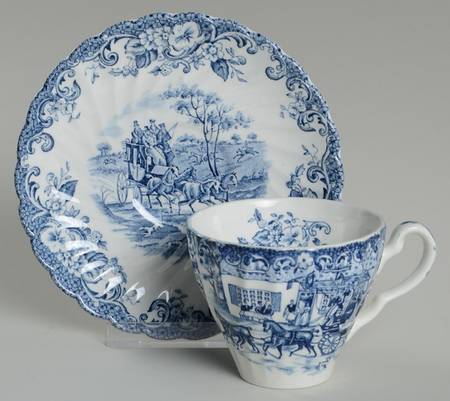Coaching Scenes Blue Flat Cup & Saucer Set