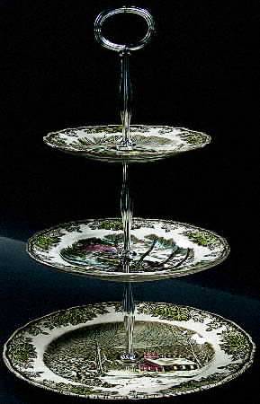 Friendly Village, The ("Made in England" Backstamp) 13 7/8"-14 1/4" 3-Tiered Serving Tray(DP,SP,BB) HC