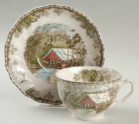 Friendly Village, The ("Made in England" Backstamp) Flat Cup & Saucer Set