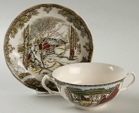Friendly Village, The ("Made in England" Backstamp) Flat Cream Soup Bowl & Saucer Set by Johnson Brothers