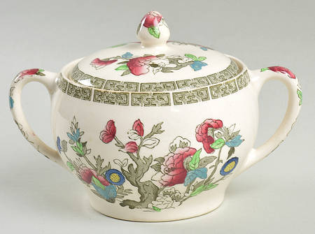 Indian Tree (Green Key, Cream-Off White) Sugar Bowl & Lid by Johnson Brothers