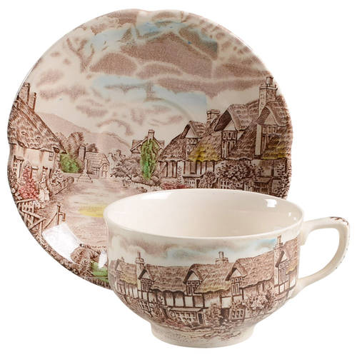 Olde English Countryside Brown Multicolor Flat Cup & Saucer Set