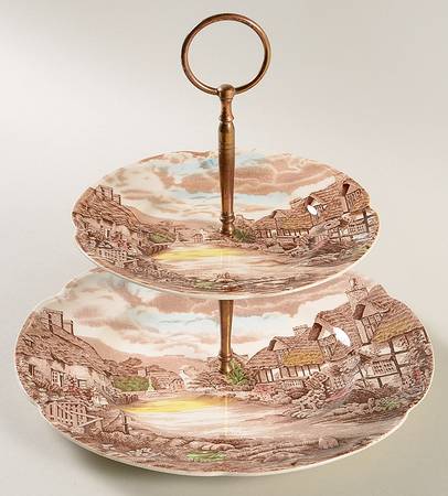 Olde English Countryside Brown Multicolor 2 Tiered Serving Tray (Dinner & Dessert Plates)