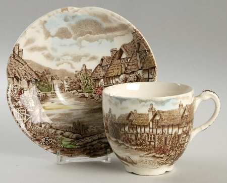 Olde English Countryside Brown Multicolor Flat Cup & Saucer Set