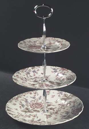 Rose Chintz Pink ("Made in England" Mark) 13 7/8"-14 1/4" 3-Tiered Serving Tray(DP,SP,BB) HC