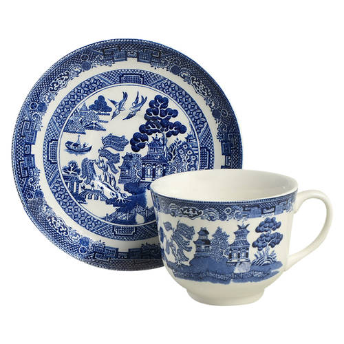 Willow Blue (Made in England, Earthenware, Newer) Flat Cup & Saucer Set