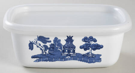 Willow Blue (Made in England, Earthenware, Newer) Small Metal Rectangular Baker W/Plastic Lid