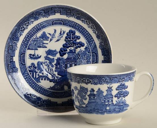 Willow Blue (Made in England, Earthenware, Newer) Flat Cup & Saucer Set