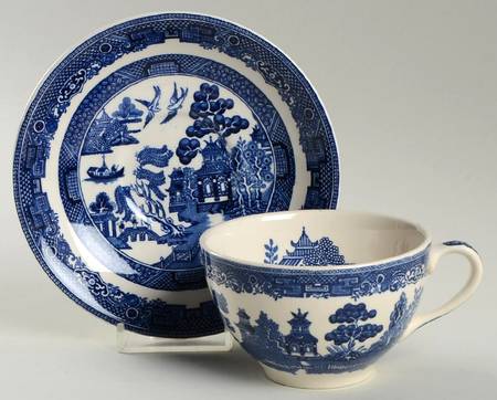 Willow Blue (Made in England, Earthenware, Newer) Flat Cup & Saucer Set
