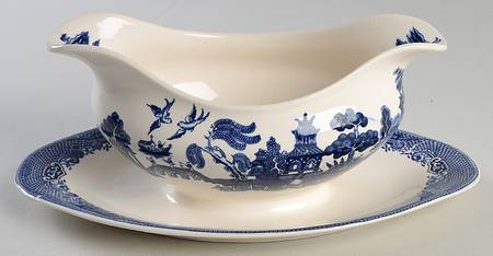 Willow Blue (Made in England, Earthenware, Newer) Gravy Boat with Attached Underplate