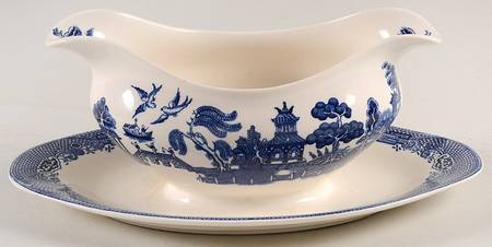 Willow Blue (Black & Blue Backstamps, Older) Gravy Boat with Attached Underplate