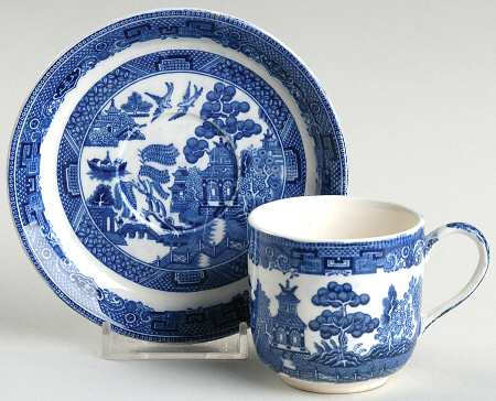 Willow Blue (Black & Blue Backstamps, Older) Flat Demitasse Cup & Saucer Set