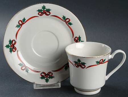 Ribbon & Holly Footed Cup & Saucer Set