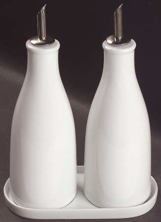 Basic White Set of 2 Oil/Vinegar Jars W/Drizzle Spouts on Tray