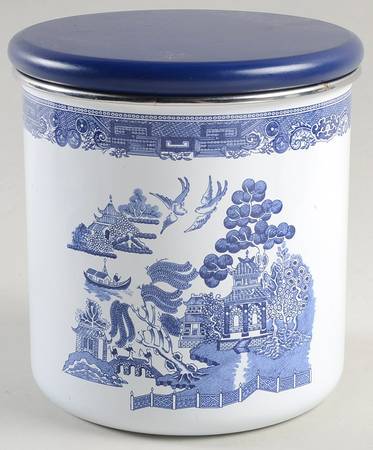 Willow Blue ("England 1883" Backstamp, China) Medium Metal Canister & Wood Lid