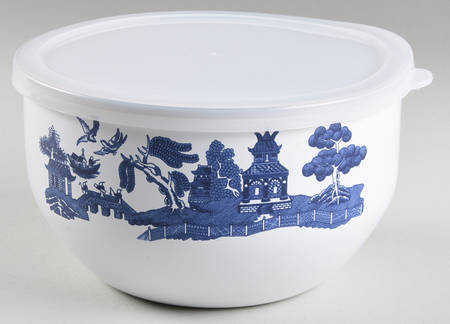 Willow Blue ("England 1883" Backstamp, China) 7" Metal Bowl & Plastic Lid