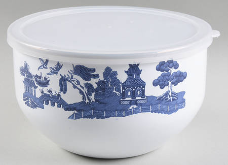 Willow Blue ("England 1883" Backstamp, China) 7 3/4" Metal Bowl W/Plastic Lid