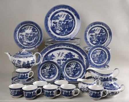Willow Blue ("England 1883" Backstamp, China) 57 Piece Set