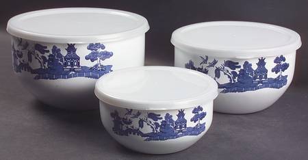 Willow Blue ("England 1883" Backstamp, China) 3 Pc Metal Bowl & Plastic Lid (5 3/4", 7", 7 3/4")