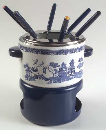 Willow Blue ("England 1883" Backstamp, China) 9 Pc Fondue Set (Open Pot,6 Forks, Stand & Burner)