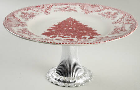 Old Britain Castles Pink Christmas (England 1883) Cake Stand with 4"-5" Metal Pedestal  Hc